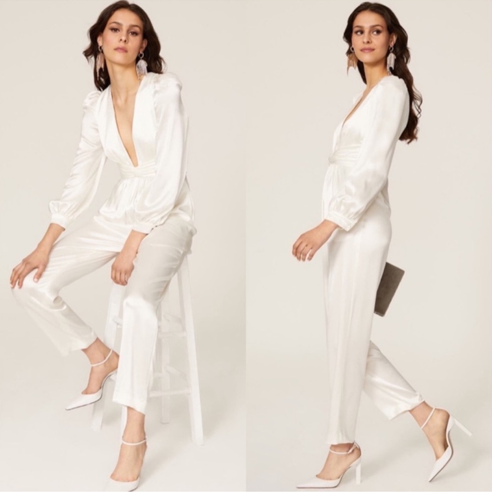Ieena for Mac Duggal Long Sleeve Ruched‎ Plunging Neck Satin Jumpsuit